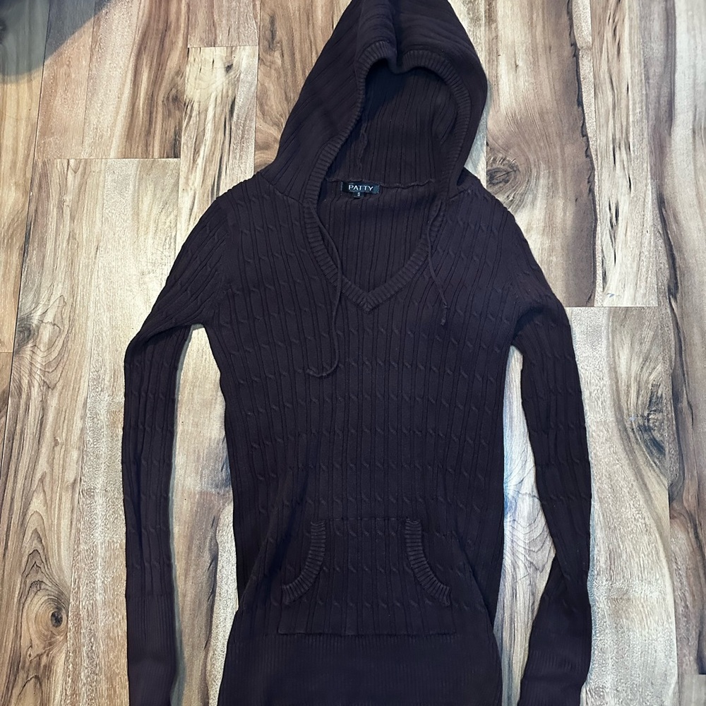 Pattyboutik Y2K Brown Ribbed Knit Hoodie Sweater Womens Small Fitted Cotton - Picture 2 of 7